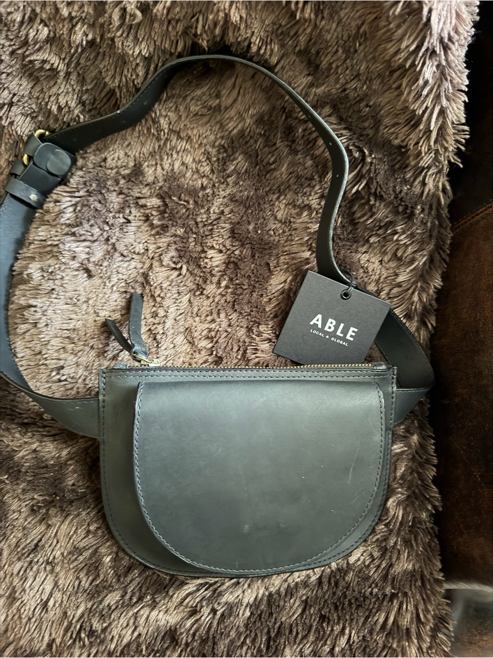 Able Black Leather Belt Bag with Curved Flap and Top Zip